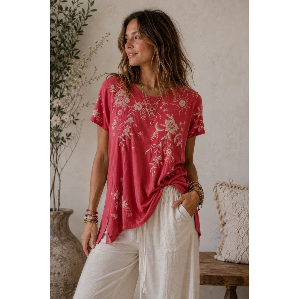 Johnny Was Embroidered Celestial Floral Cotton Top Coral Red XS J25121-4